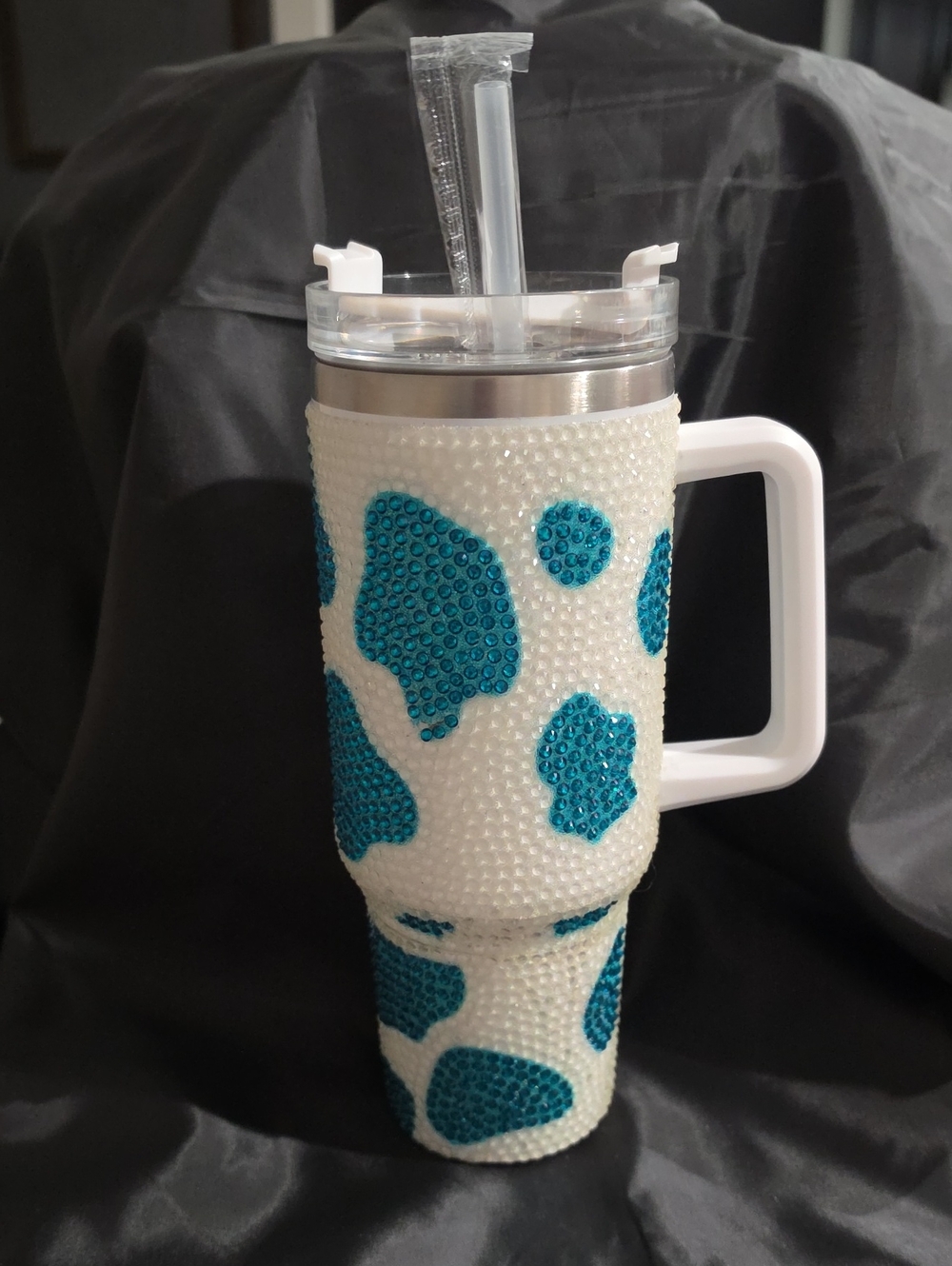 40oz Stainless Steel Travel Tumbler Sparkling Rhinestone Cow Print, Turquoise